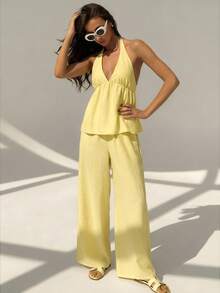 Aloruh 女士夏季休闲度假纯色露背吊带上衣和阔腿裤两件套 - 黃色 - 查看 6