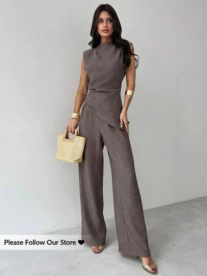 Firerie 卡其色简约优雅休闲通勤办公套装：无袖不对称褶皱腰身女士衬衫 + 常规褶皱阔腿女士长裤，亚麻通勤套装，女士沙滩装，机场装，度假装，教师装