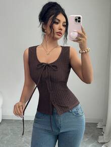 SHEIN Elenzya 女士优雅通勤休闲度假时尚针织纹理蝴蝶结无袖上衣，圆领纽扣闭合，棕色 - 鏽棕色 - 查看 1