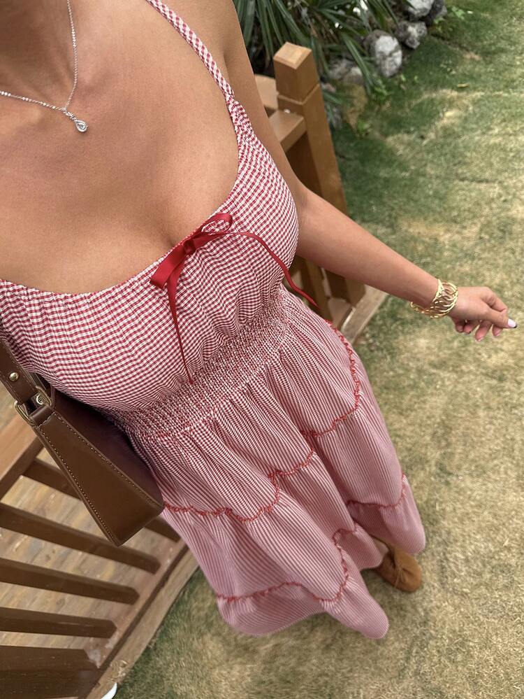 Red Plaid Cinched Waist Midi Dress, Vacation Holiday Outfit Summer Sundress Boho