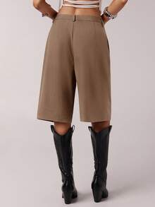 SHEIN Forever 21 Women's Simple Casual Commuter Khaki Bermuda Shorts, Summer Work Business - Mocha Brown - View 2