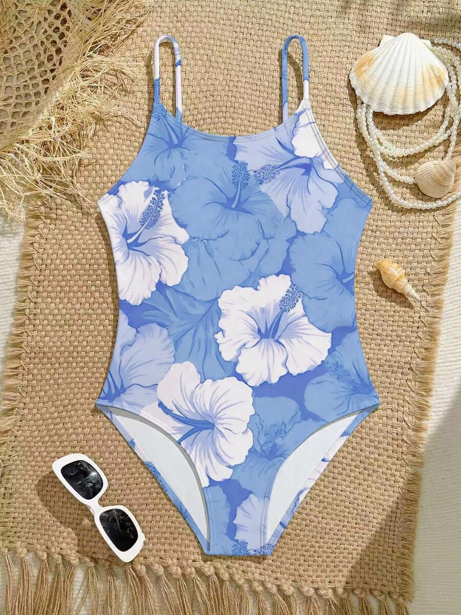 SHEIN 女童碎花数码印花连体泳衣,休闲度假风,适合夏季海滩游泳 - 白色 - 查看 1