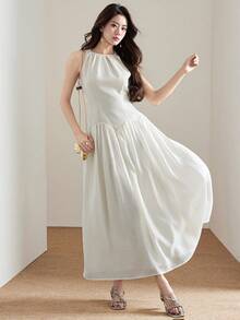 女士简约纯色褶皱拼接无袖圆领连衣裙 - 杏色 - 查看 2