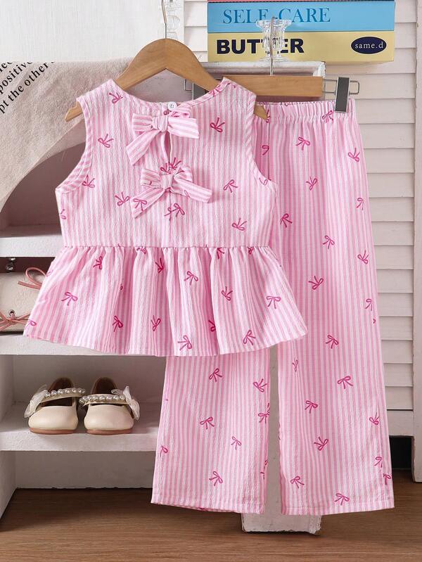 Genkimix Kids Set de 2 piezas con top de tirantes con estampado de rayas y lazo, y pantalones de pierna ancha para niña, decoración 3D de lazo, para verano