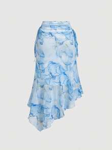 SHEIN MOD Asymmetrical Ruched Waist Tie Dye Pink Versatile A-Line Skirt - Blue - View 2