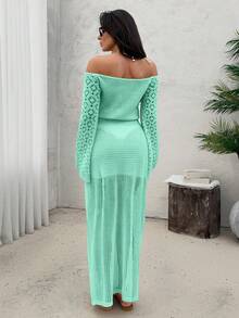 EURMUSE Conjunto de 2 piezas de top de punto con hombros descubiertos y falda midi de punto, conjunto de playa coordinado - verde menta - Ver 2