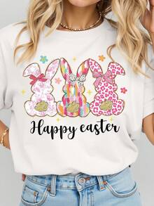 EMERY ROSE Camiseta casual de talla grande con estampado dulce de conejo de color pastel y contraste. Feliz Pascua. - Blanco - Ver 3
