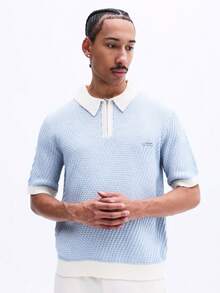 SUMWON Relaxed Quarter Zip Textured Knit Polo Short Sleeve Collared Spring Summer Casual Everyday - Blue - View 4