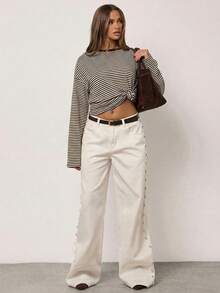 SHEIN BAE 女士休闲宽松条纹落肩T恤，春秋季 - 棕色 - 查看 5