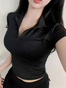 DAZY 女士修身Polo领短袖T恤 夏季 - 黑色 - 查看 1