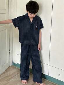 Dazy Kids Tween Boy Textured Button Front Short Sleeve Top And Pants, Summer Outfit - Navy Blue - View 2