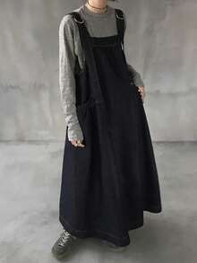 FRIFUL 女士休闲长款牛仔背带裙 - 藍色 - 查看 9