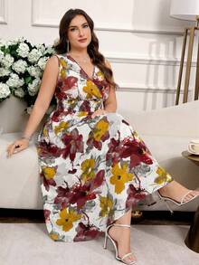 Reflora Đầm hè cỡ lớn dành cho nữ, đầm không tay thanh lịch. - Đỏ - Xem 3