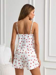 SHEIN Women Cotton 2 Pcs Contrast Colour Lace With Rib Knit Heart Patterned Sleep Top&Shorts Homewear Comfort Pajama Set - White - View 2