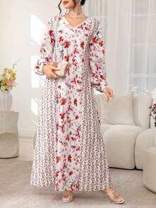 Yasmyna Floral Print Lantern Sleeve Kaftan Dress - Multicolor - View 7