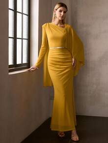 MOTF Soiréza Vestido de fiesta maxi elegante y glamoroso con mangas asimétricas y capa con volantes, detalles de volantes en la cintura, silueta entallada y cola de pez. Ideal para fiestas navideñas, Nochevieja, galas y eventos formales, bodas. - Amarillo - Ver 5