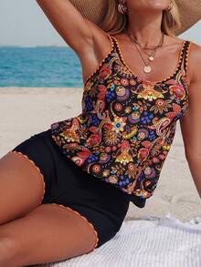 2026Swim Lushoire Ensemble 2 pièces, Top de bikini camisole ample et élégant noir vintage avec motif cachemire contrasté par une bordure orange vif, Bas culotte avec bordure vive. Hauts d'été pour femmes en vacances. Maillot de bain Tankini avec contrôle du ventre, style bohème - Multicolore - Voir 1
