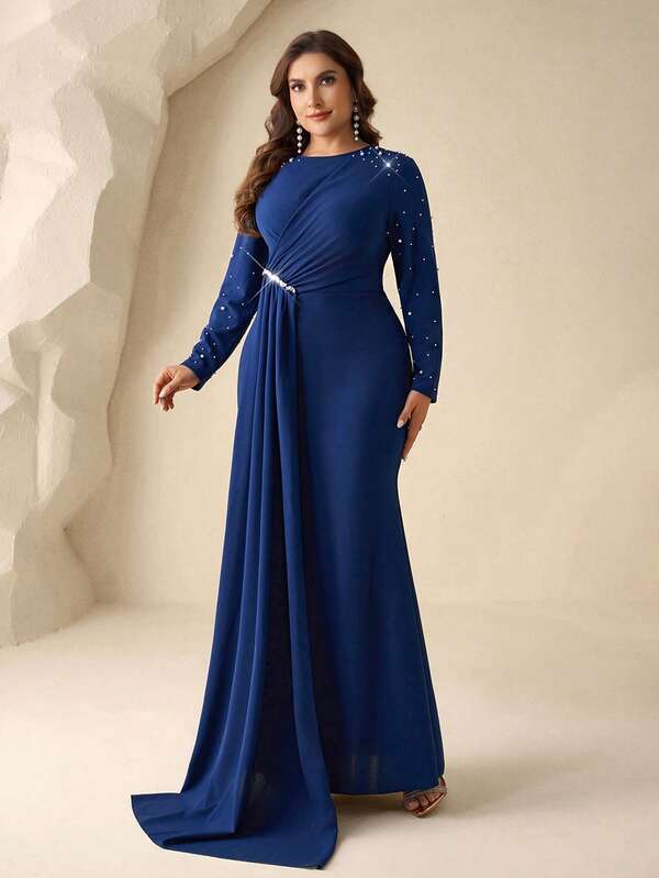 Coutiva Plus Size Women Solid Color Round Neck Faux Pearl Decor Ruched Waist Elegant Formal Evening Gown