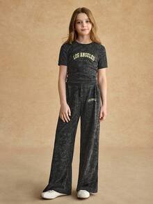 SHEIN Girls' Tee Set,Dark Grey Summer Cute Back-To-School Outfit,Fitted Short Sleeve T-Shirt&Loose Wide Leg Pants,Soft Knit For Casual,Sports,School Wear - Black - View 4