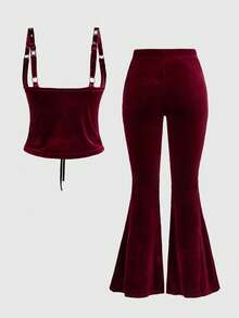 ROMWE Goth Conjunto de mujer de terciopelo con bordado de corazón gótico y floral - Burdeos - Ver 8