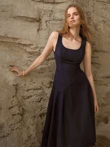 MOTF PREMIUM WOMEN'S SPRING/SUMMER NATURAL ASYMMETRIC A-LINE HOLLOW OUT EMBROIDERED MIDI DENIM DRESS - Navy Blue - View 4