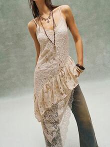 Bohemela 女士夏季度假海滩波西米亚西部音乐节装扮重工多面料蕾丝拼接亮片吊带中长连衣裙，女士夏季服装，自由休闲的穿搭风格，时尚女士服装，海滩装扮，春季装扮，情人节装扮，狂欢节装扮，婚礼宾客派对礼服，优雅连衣裙，女士休闲连衣裙 - 鵝黃色 - 查看 2
