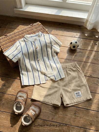 Cozy Pixies 2pcs Young Boy Striped Print Mandarin Collar Shirt And Textured Shorts Set, Matching Brothers Outfit, Suitable For Vacation