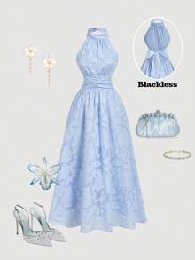 SHEIN MOD Damen Midi-Kleid mit Stehkragen, Plissee und Prägung in Unifarbe - Blau - Übersicht 4