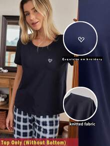 SHEIN Doze Lane 女士休闲短袖上衣，刺绣爱心图案，藏蓝色 - 藏蓝色 - 查看 2