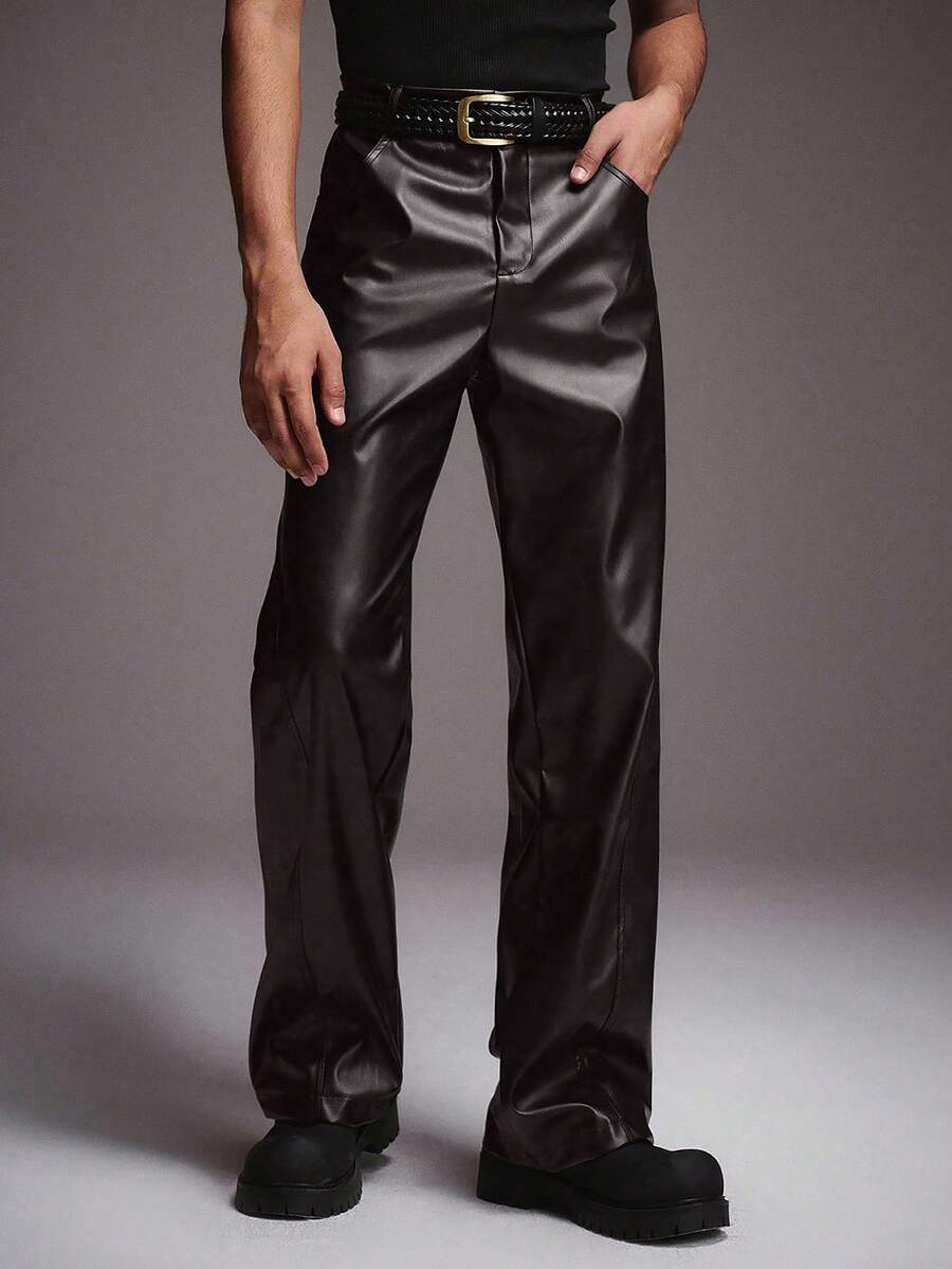 STYNVO Men's Fashion Party & Banquet Minimalist PU Leather Straight Leg Pants, Without Belt - Coffee Brown - View 1