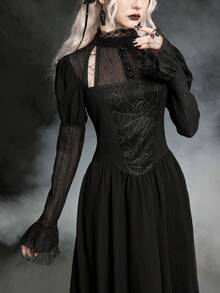 ROMWE Goth 哥特风蜘蛛网蕾丝泡泡袖修身A字长裙 - 黑色 - 查看 2