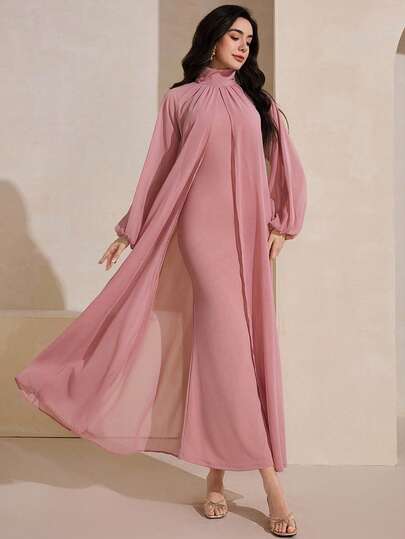 Graceveil 1 Set Women's High Collar Chiffon Long Sleeve Jacket, Sleeveless Knit Dress, Arabic Style Outfit