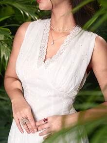 Modelyn Đầm midi dáng xòe không tay, cổ chữ V, thêu họa tiết, kiểu Pháp thanh lịch dành cho nữ. - trắng - Xem 3