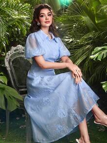 Modelyn Collared Waist Drawstring Puff Sleeve Blue Embroidered Dress - Blue - View 2