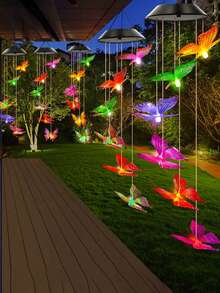 Four Solar-Powered Hummingbird/Butterfly/Heart/Round Wind Chime Lights, Colorful 6-LED Hanging Lights, Featuring A Romantic Purple And Yellow Butterfly And Blue Hummingbird Design, Suitable For Patio Decoration, Balcony, Outdoor Garden Decoration, Party And Holiday Atmosphere Creation (Solar Powered). - multicolor - View 6