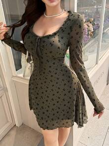 Feyla 新款植绒网纱不对称A字短款连衣裙，U领长袖 - 綠色 - 查看 5