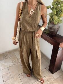 Livesso Halter Neck Textured Waist Sleeveless Jumpsuit For Women, Vacation - Green - View 6