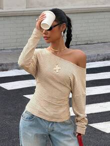 Muchica Women's Striped Asymmetrical Shoulder Slim Fit T-Shirt - Khaki - View 5