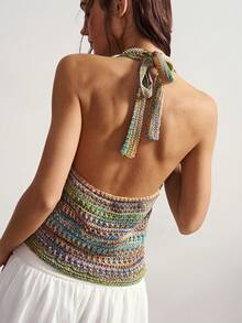 Bohemela Boho Spring/Summer Outerwear, Vintage Women's Tie-Neck Backless Colorful Sexy Patchwork Knit Sweater, Halter Knit Top, Versatile For Dates And Parties, Valentine For Women, Western Country Style Concert Party, Suitable For Beach Vacation & Daily Wear & Back To School & Going Out & Party, 2000s, Summer Holiday - Multicolor - View 8