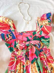 SHEIN 少女优雅露背蝴蝶结装饰荷叶边印花度假连衣裙 - 彩色 - 查看 8