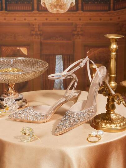 CUCCOO TILAWA Champagne Pointed Toe Rhinestone Embellished Stiletto High Heel Ankle Strap Sandals, Sexy & Fashionable For Dress, Party, Nightclub