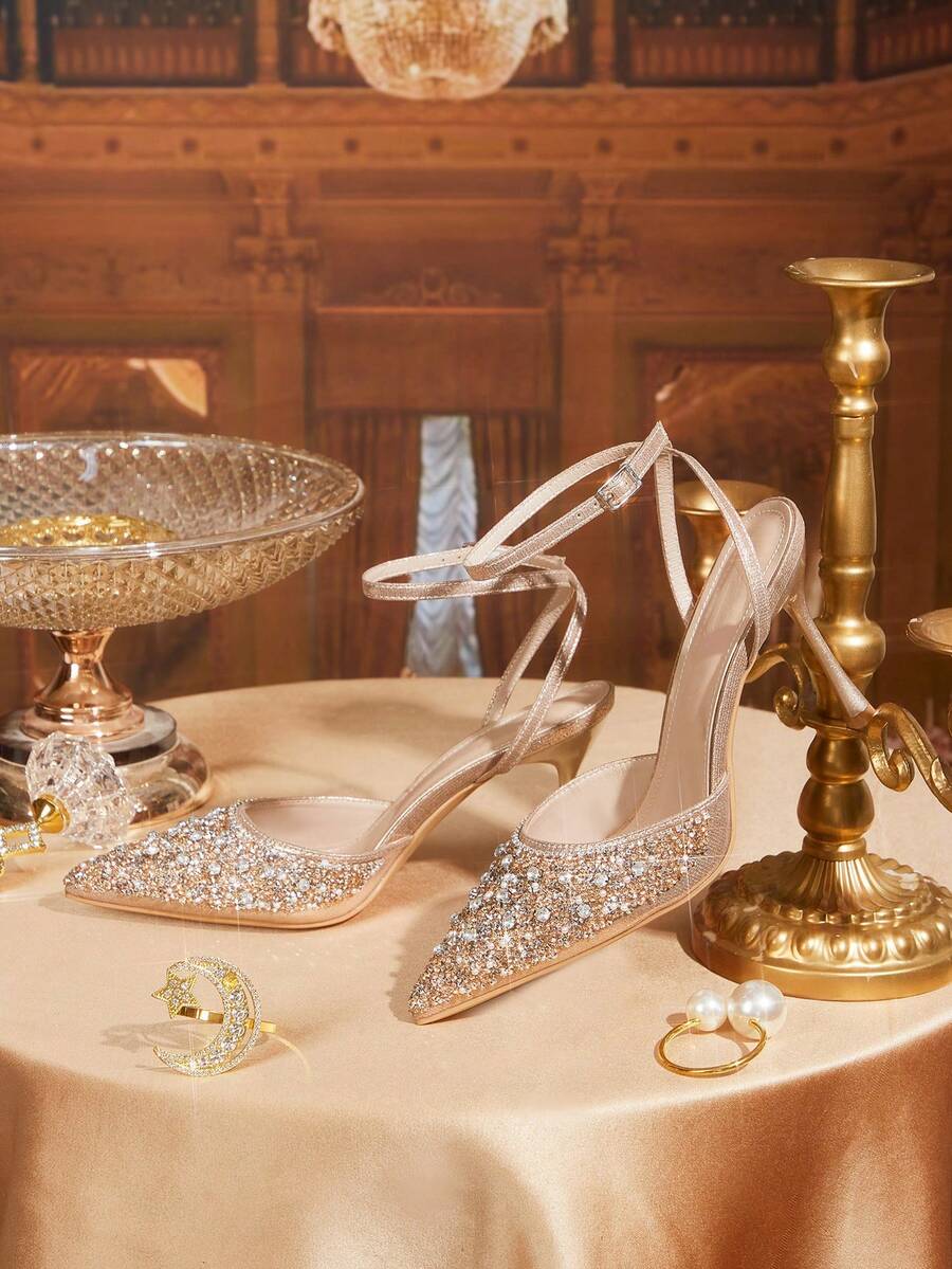 CUCCOO TILAWA 香槟色尖头水钻装饰细高跟踝带凉鞋，性感时尚，适合连衣裙、派对、夜店等场合。 - 香檳色 - 查看 1