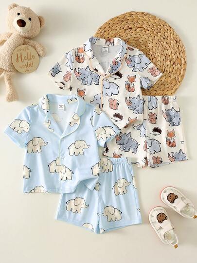 SHEIN 4件套男婴/男女通用休闲可爱大象印花开衫上衣和短裤睡衣套装，基础家居服睡衣多件装，适合春夏穿着