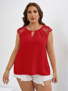SHEIN Clasi Plus Size Women's Elegant Solid Color Notched Neck Blouse, Summer - Red - View 6