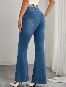 SHEIN Cottnline Plus Size Women High Waist Pockets Casual Versatile Flare Leg Jeans - Medium Wash - View 2