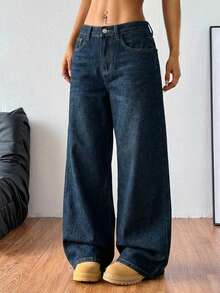 EURMUSE 娇小女式休闲宽松阔腿蓝色牛仔裤，复古牛仔裤，海军蓝牛仔裤，秋季女装，冬季女裤，蓝色返校季牛仔裤，喇叭裤型女式牛仔裤 - 霧霾藍 - 查看 3