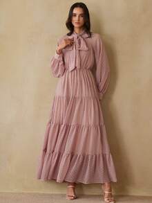 Aveloria Rosie Swiss Dot Ruffle Hem Maxi Dress With Knot - Pink - View 5