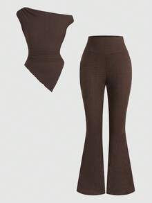 SHEIN 少女棕色提花斜肩T恤和喇叭裤休闲套装 - 棕色 - 查看 5