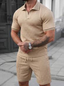 Manfinity Homme Bộ 2 món gồm áo polo nam thoải mái, họa tiết hình học dập nổi và quần short cạp chun có dây rút, thích hợp cho kỳ nghỉ, tiệc tùng, đi chơi, thể thao, công sở, phong cách Nhật Bản cổ điển, mùa xuân/thu, tuyệt vời để mặc hoặc làm quà tặng. - Màu Khaki - Xem 4