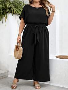 SHEIN CURVE+ Kích cỡ US22 (dành cho người có đường cong cơ thể) Bộ jumpsuit nữ phong cách Bohemia thanh lịch, cổ tròn, ôm sát, ống rộng, thích hợp cho lễ hội âm nhạc, kỳ nghỉ bên bờ biển. - màu đen - Xem 4